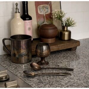 Vintage Silverplate Lot Goblet Mug Spoons Mixed Silver Plated Barware Set VTG